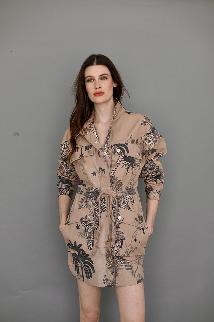 Vestido Corto Toile de Jouy Beige