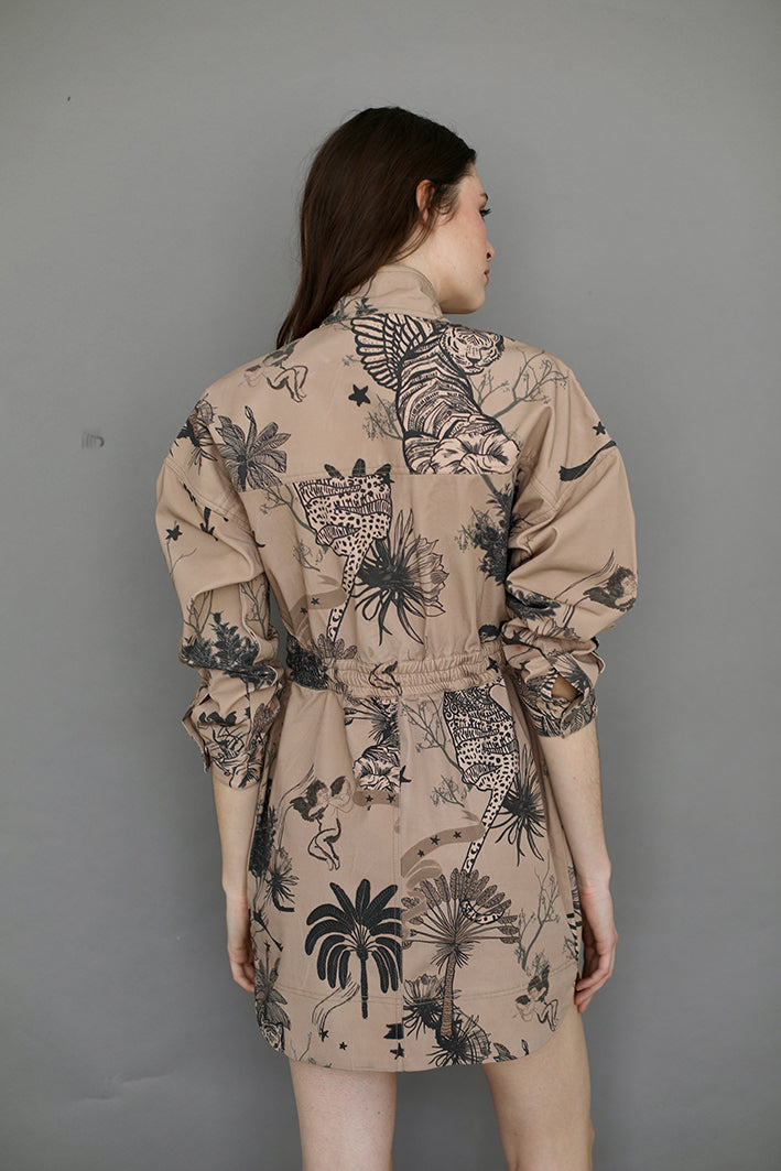 Vestido Corto Toile de Jouy Beige