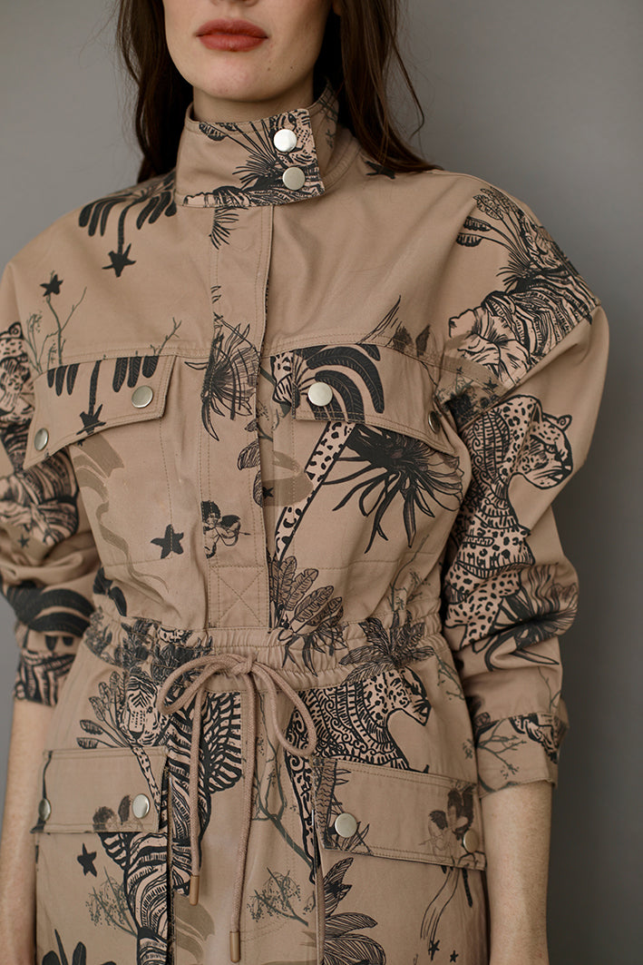 Vestido Corto Toile de Jouy Beige
