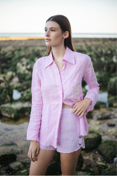 Shirt Linen Lilac Embroidered